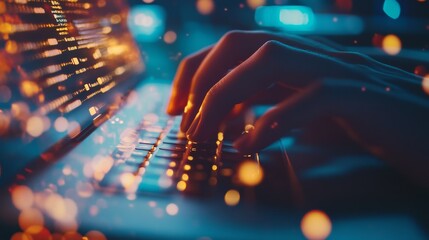 A close-up of hands typing on a keyboard in a tech startup office, bright lighting reflecting off digital devices