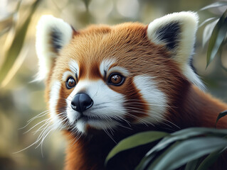 Fototapeta premium Red Panda, Ailurus fulgens, Lesser Panda Wildlife Photography Close Up in Forest