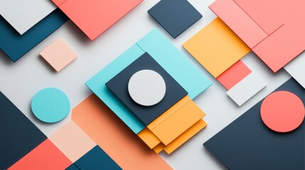 Geometric business layout with overlapping shapes in vibrant colors, showcasing modern design with clean lines and dynamic structure, perfect for corporate presentations and professional branding