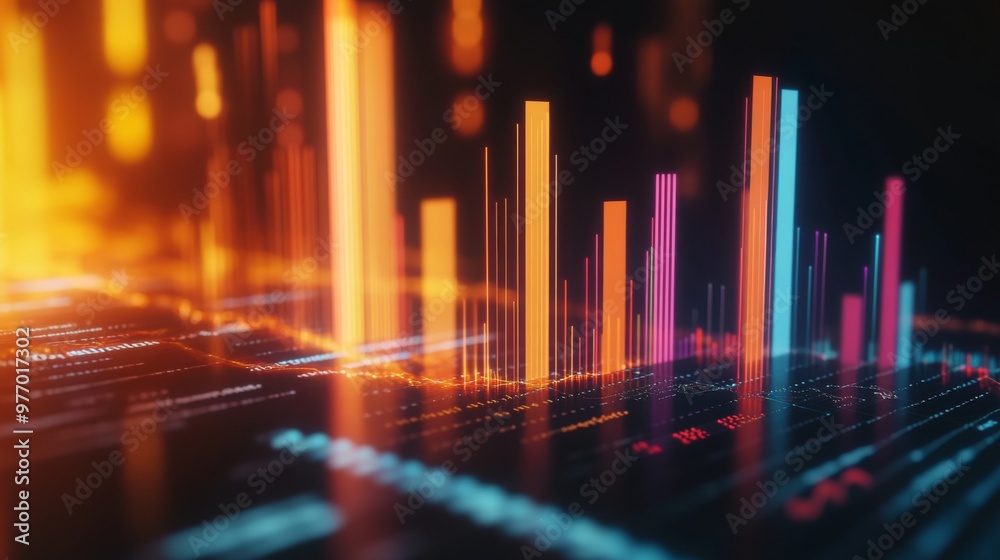 Poster a close-up of a 3d bar graph with animated bars growing in height, showing real-time data changes wi