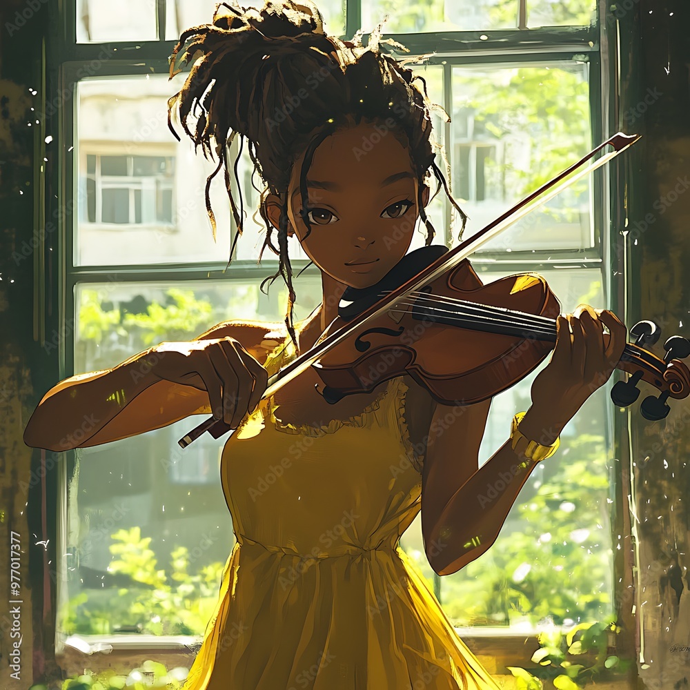 Canvas Prints Young Woman Playing Violin by Window.