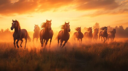 Obraz premium A herd of wild horses galloping through a meadow at sunset, their manes flowing in the wind