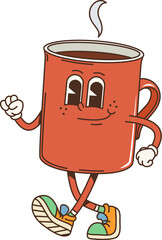 Retro cartoon groovy breakfast coffee cup character with a cheerful expression, wearing colorful sneakers. Isolated vector porcelain hot coffee mug personage walking with steam rising from its top © Vector Tradition