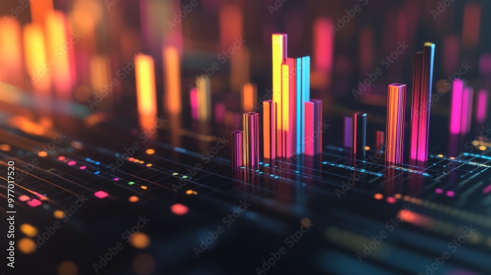 Poster a close-up of a 3d bar graph with animated bars growing in height, showing real-time data changes wi