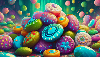 oil painting style cartoon illustration Sweets multi colored candies on a dark color background 