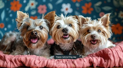 Three adorable Yorkshire Terriers celebrate National Dog Day in a cozy setting with playful smiles and vibrant backdrop. Generative AI