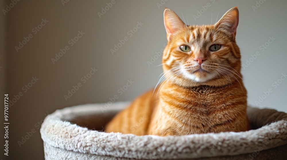 Poster a chubby cat sitting upright in a cat bed, with a focus on its full body and content expression, set