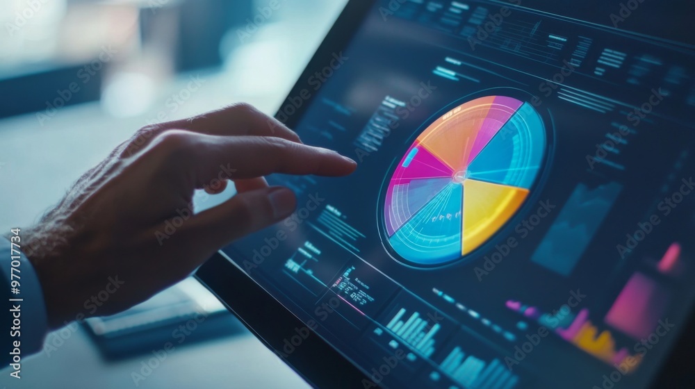 Poster a close-up of a 3d pie chart being manipulated on a touchscreen monitor, with interactive segments h