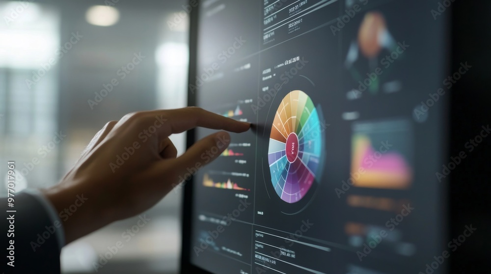 Poster a close-up of a 3d pie chart being manipulated on a touchscreen monitor, with interactive segments h