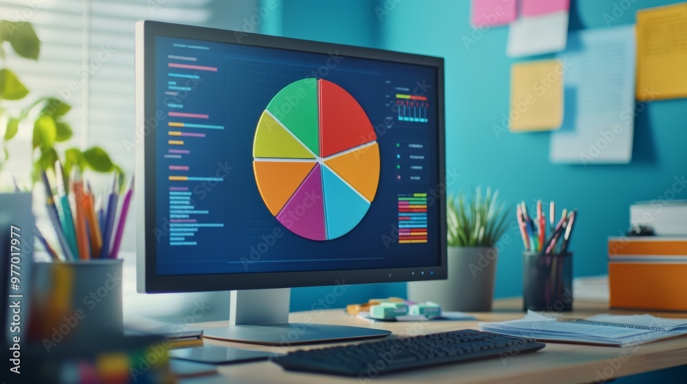 Poster a close-up of a 3d pie chart on a computer screen, showcasing different colored segments with clear 