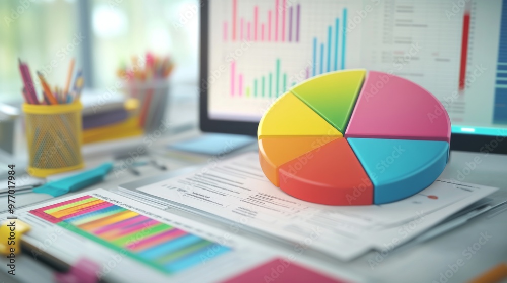 Poster A close-up of a 3D pie chart on a computer screen, showcasing different colored segments with clear labels, surrounded by office supplies and data reports