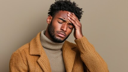 A concerned man experiences stress, holding his forehead. He wears a cozy sweater against a muted background, conveying deep emotions.