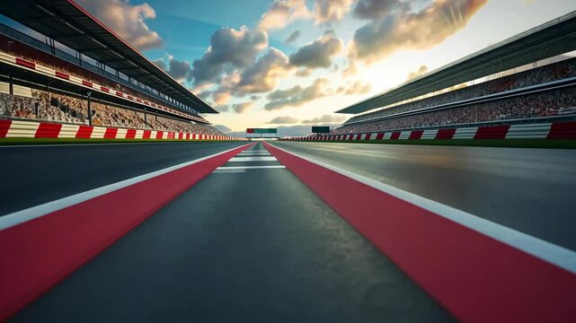 Exciting racing action at a vibrant racetrack during sunset with stunning cloud formations