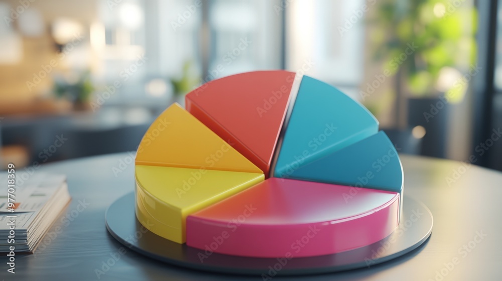 Poster a close-up of a 3d pie chart with each slice in a different color, showing a detailed view of the ch