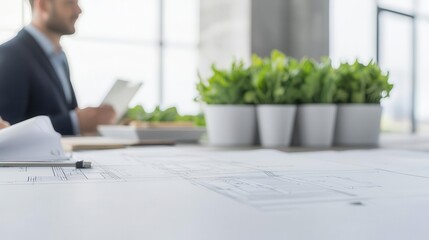 A businessperson reviewing documents beside potted plants and architectural plans, illustrating a professional and productive workspace.