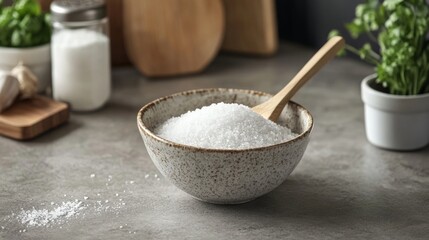 A close-up of a bowl of coarse cooking salt with a wooden spoon, placed on a rustic kitchen counter next to other cooking ingredients.