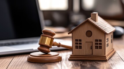 Gavel and House Model on Wooden Table