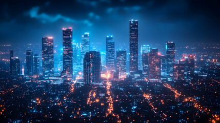 Fototapeta premium An aerial view of a modern city at night, with tall skyscrapers lit up against a dark sky. The city is bustling with activity, with lights shining from cars, buildings, and streetlights.