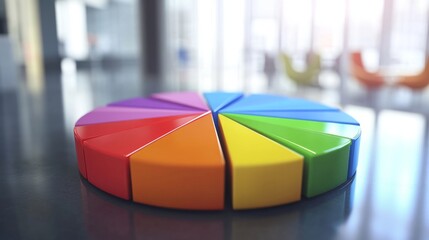 A close-up of a 3D pie chart with each slice in a different color, showing a detailed view of the chart segments and labels, set against a modern office backdrop.