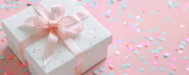 Invitation or greeting card template with gift boxes with ribbon, light pink colored