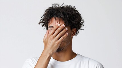 Fototapeta premium A young man with curly hair covering his face, expressing emotions and reflecting feelings of frustration or contemplation.