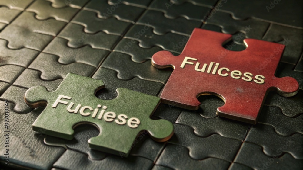 Fototapete Blank puzzle with the word success over the missing piece being held next to the whole with a red placer with the word failure where the last piece belongs.
