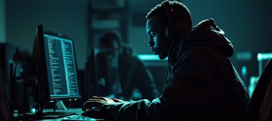 Focused Developer in Hoodie and Headphones Works on Code Late at Night in a Dark Office