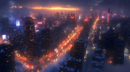 An aerial view of a snowy city at night with glowing lights. The snow-covered buildings and streets are illuminated by neon signs and streetlights, creating a vibrant and festive atmosphere.