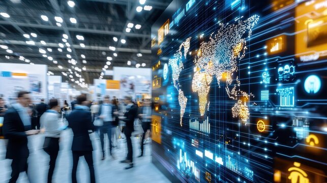 Global Business Conference with World Map and Technology Display