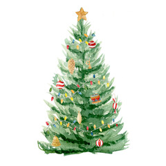 Watercolor illustration with decorative Christmas tree on white background, hand-drawn
