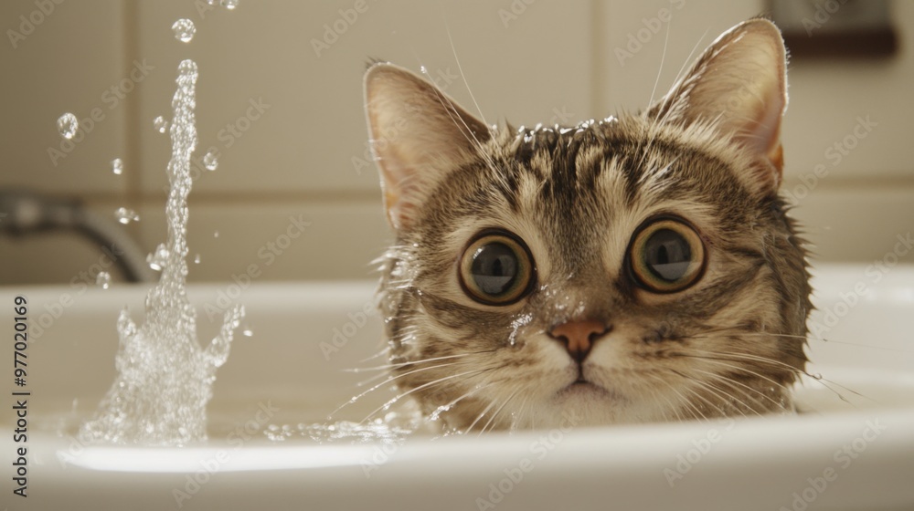 Poster A close-up of a cat sitting in a shallow bath with gentle water splashing around, showing its curious expression and wet fur in a cozy bathroom setting.