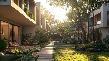 Obraz premium A contemporary residential building with open spaces and green terraces.