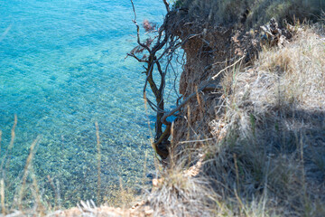 A view of the steep cliff, plant roots and the sea below the cliff on the island of Vrgada