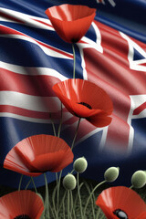 Naklejka premium Anzac day with the scene of a australian flag and field of red poppies.