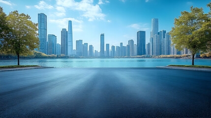 An empty asphalt road leads towards a city skyline with a body of water in the foreground and blue sky with white clouds.