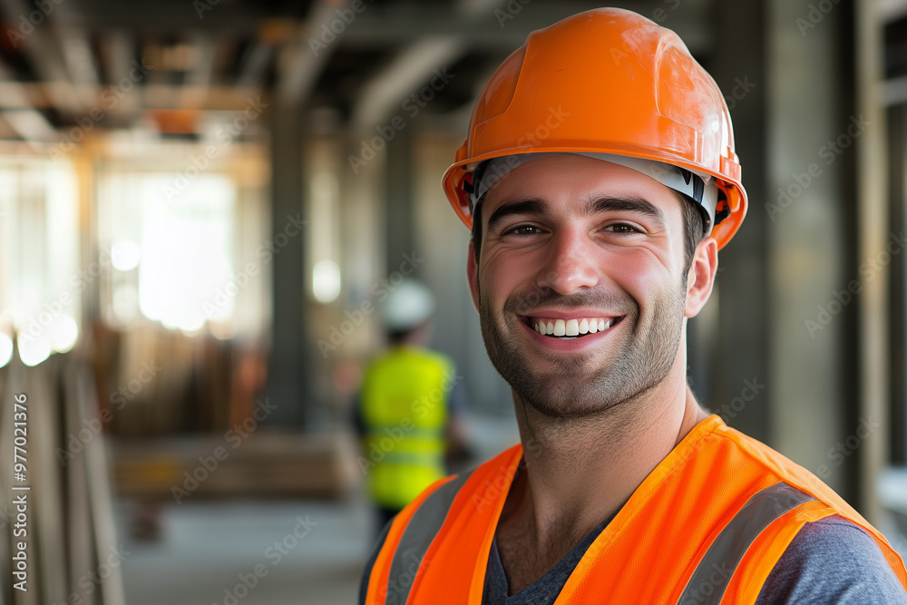 Poster Handsome construction worker wearing hard hat