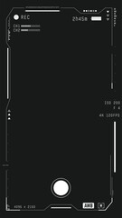 Video or photo camera futuristic viewfinder vertical overlay. Modern sci-fi UI for smart phone from future. Camera frame vector template. Black lines and text, rec icon on transparent background. 