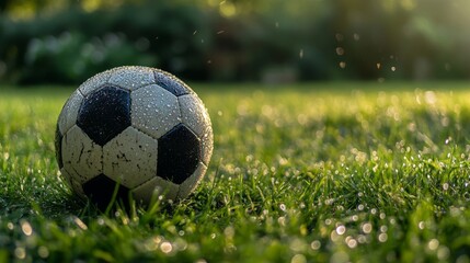 A close-up of a classic black and white soccer ball resting on a lush green grass field, with morning dew glistening on its surface.