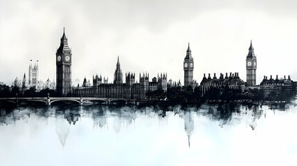 Fototapeta premium Black and white panoramic cityscape of London with Big Ben and Houses of Parliament reflected in the water.
