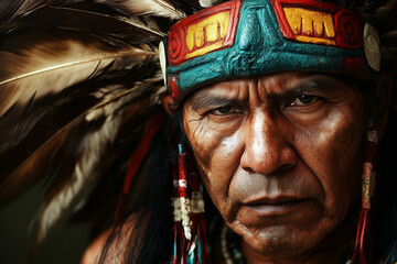Obraz premium Beautiful image of a Native South American mature man dressed with traditional 