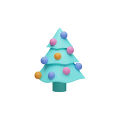 Blue tree decorated with Christmas ornaments balls. 3D object.