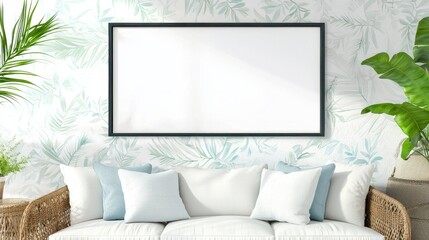 White Sofa with Black Frame Mockup in Tropical Living Room