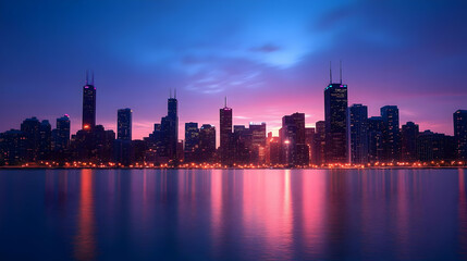Fototapeta premium City skyline at sunrise, with pink and purple clouds reflecting on the water.