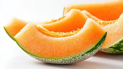 Fresh Slices of Cantaloupe Melon on White Background