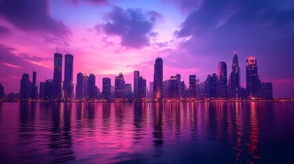 Obraz premium Cityscape with a vibrant purple and pink sunset reflecting on the water.