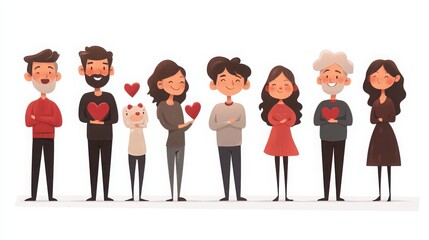 Characters demonstrating unconditional love, with open, caring gestures and soft expressions, radiating warmth, white background 