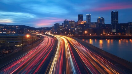 Fototapeta premium A busy city bridge with long exposure car lights blurring in both directions, creating colorful light trails against a twilight sky.