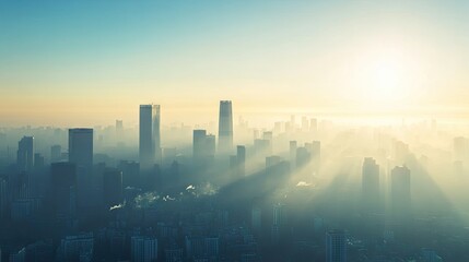 A city skyline shrouded in smog and pollution, raising awareness of urban environmental issues and the need for cleaner air.