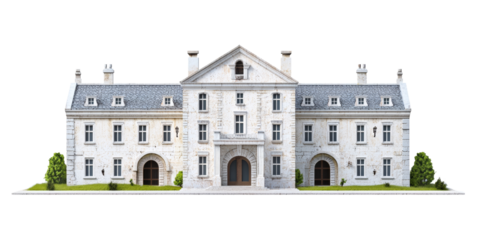 Elegant two story white mansion with green landscaping and classic architecture