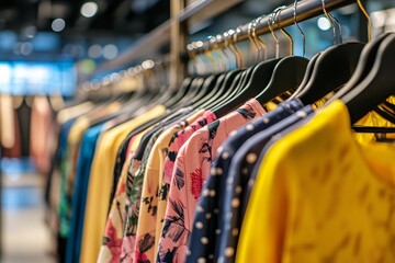 Fototapeta premium Colorful clothing rack displaying a variety of fashionable shirts in a modern retail store setting. Perfect for fashion-related content.